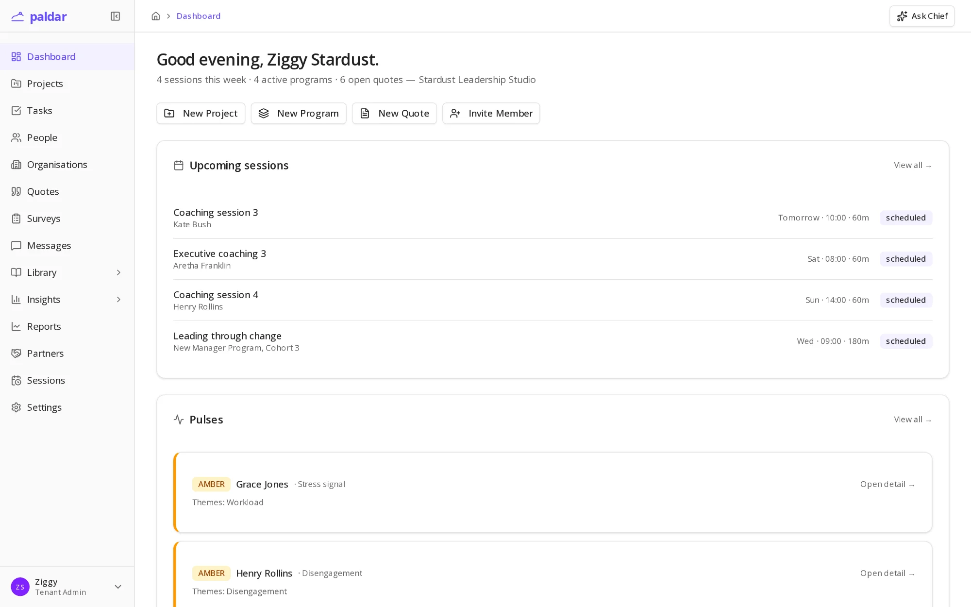 The practice dashboard: upcoming sessions, pulses and quick actions